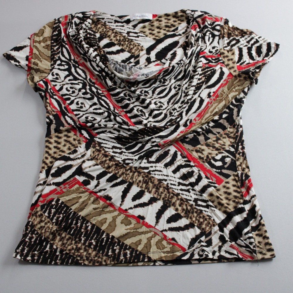 Calvin Klein Abstract Animal Print Cowl Neck Top Short Sleeve Multi Color Medium